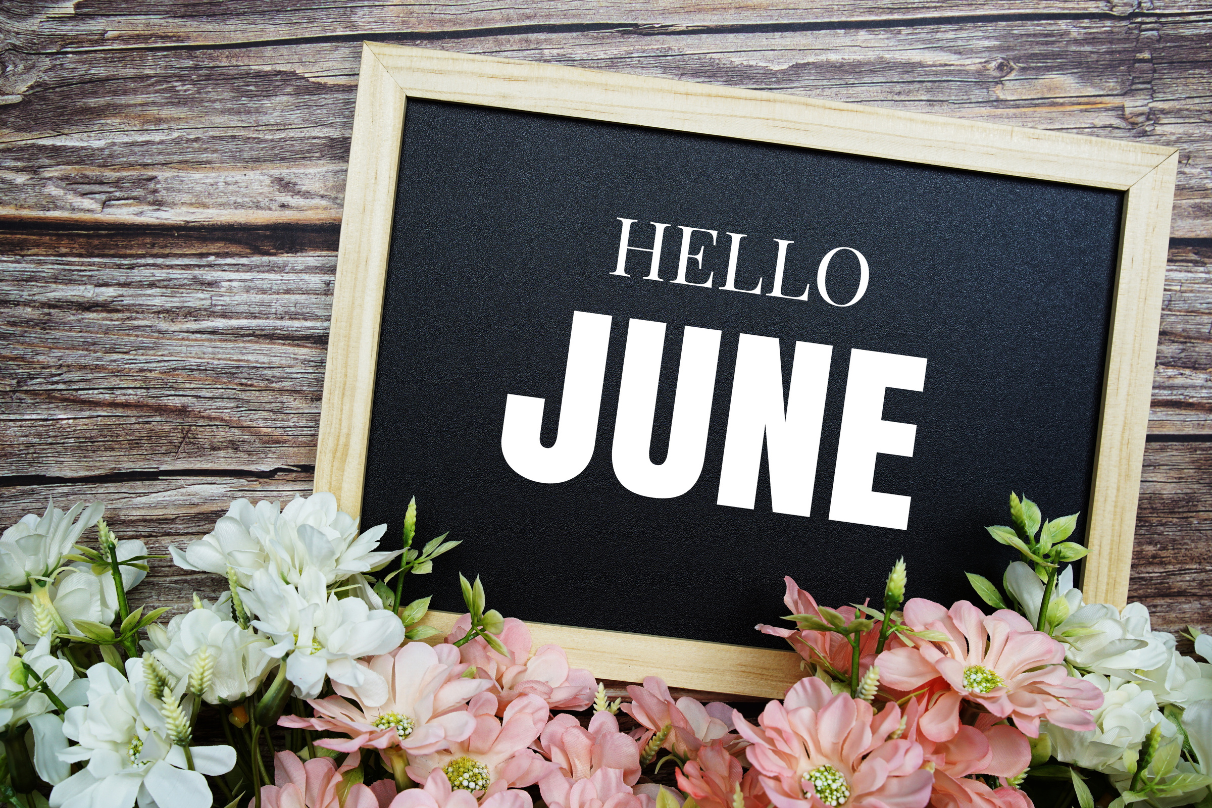 Hello June typography text written on wooden blackboard with flower bouquet decorate on wooden background